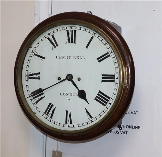 A mahogany wall clock, Henry Bell, London, having eight-day striking movement to white enamelled dial